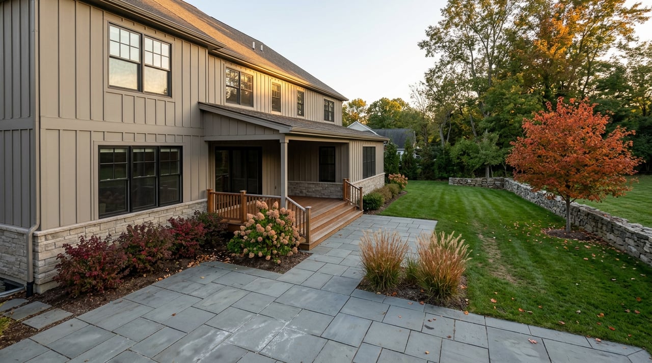 Home's rear deck overlooks a paver patio, autumn lawn, orange-red tree, and low stone wall.
