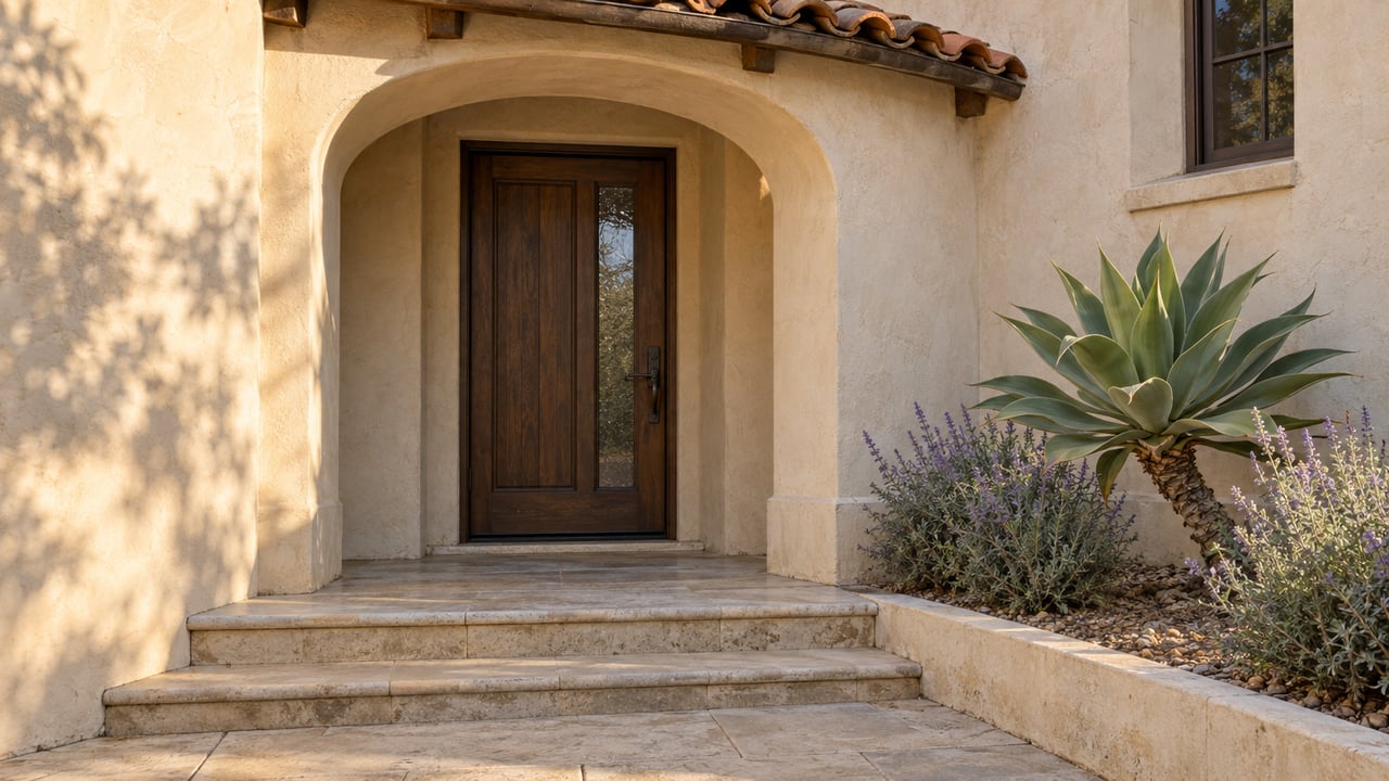 Cream stucco arched entry with a dark oak door, worn limestone steps, and sculptural planting in warm afternoon light.