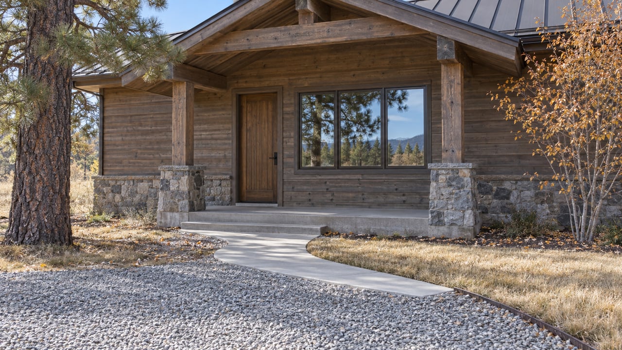 Autumn sunlight on a timber-and-stone home's covered entry, concrete walk, and gravel approach beside a mature pine.