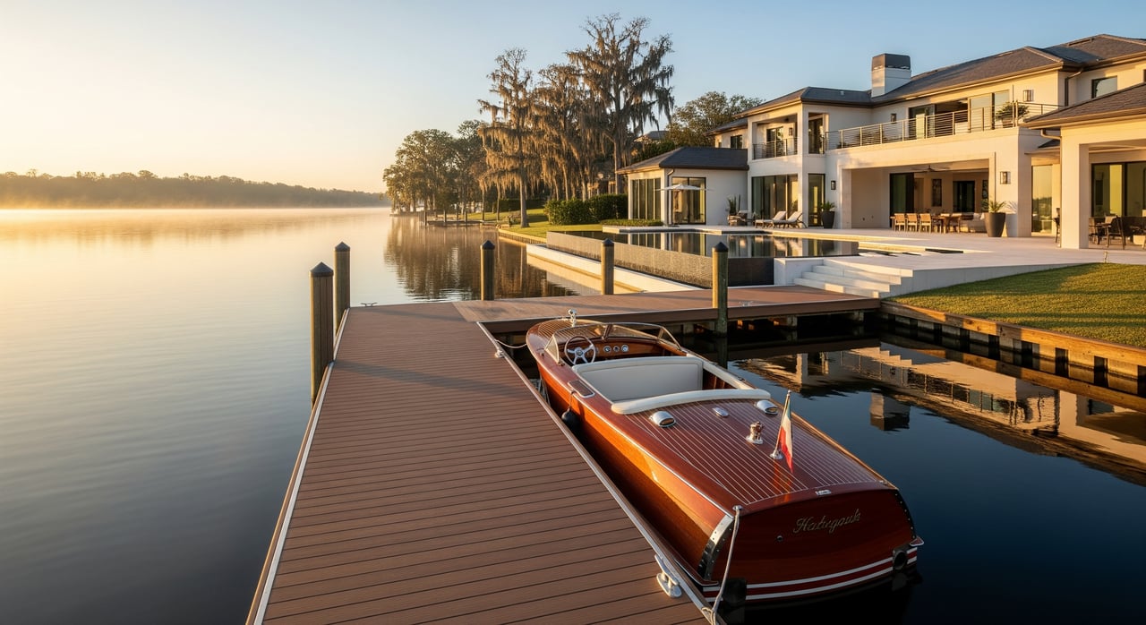 vintage boat docked on a lake near a luxury waterfront home