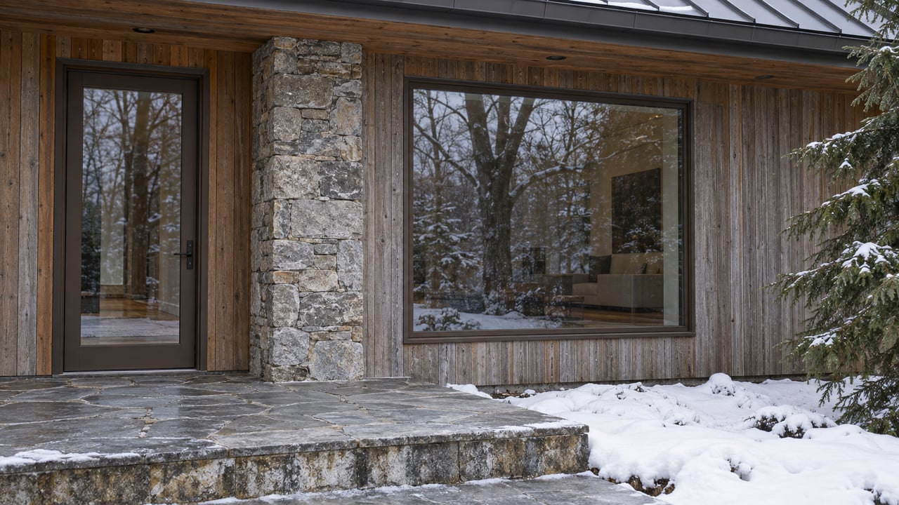 Winter entry of a cedar-clad wooded home, with bronze-framed glazing, a stone landing and snow beside a hemlock.
