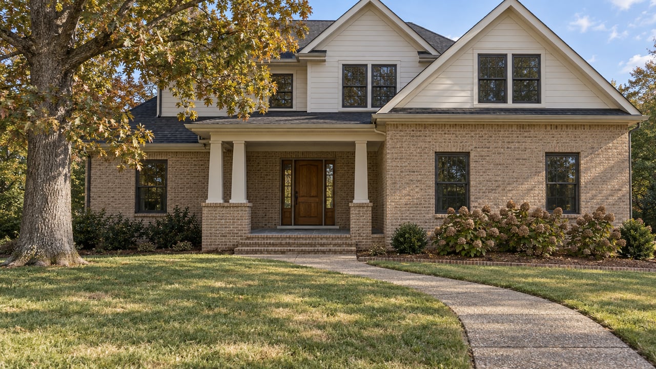 Brick and white-sided home with charcoal gables, a covered entry, deep lawn and a mature oak in early autumn light.