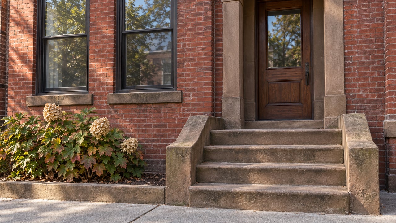 Red brick residential facade with two dark-framed windows, a recessed wood door, worn sandstone steps and an oakleaf hydrangea.