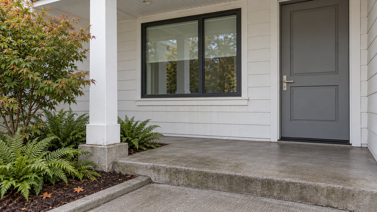 White-sided home entry with a gray front door, charcoal-framed window, concrete porch and a compact Japanese maple above sword ferns.