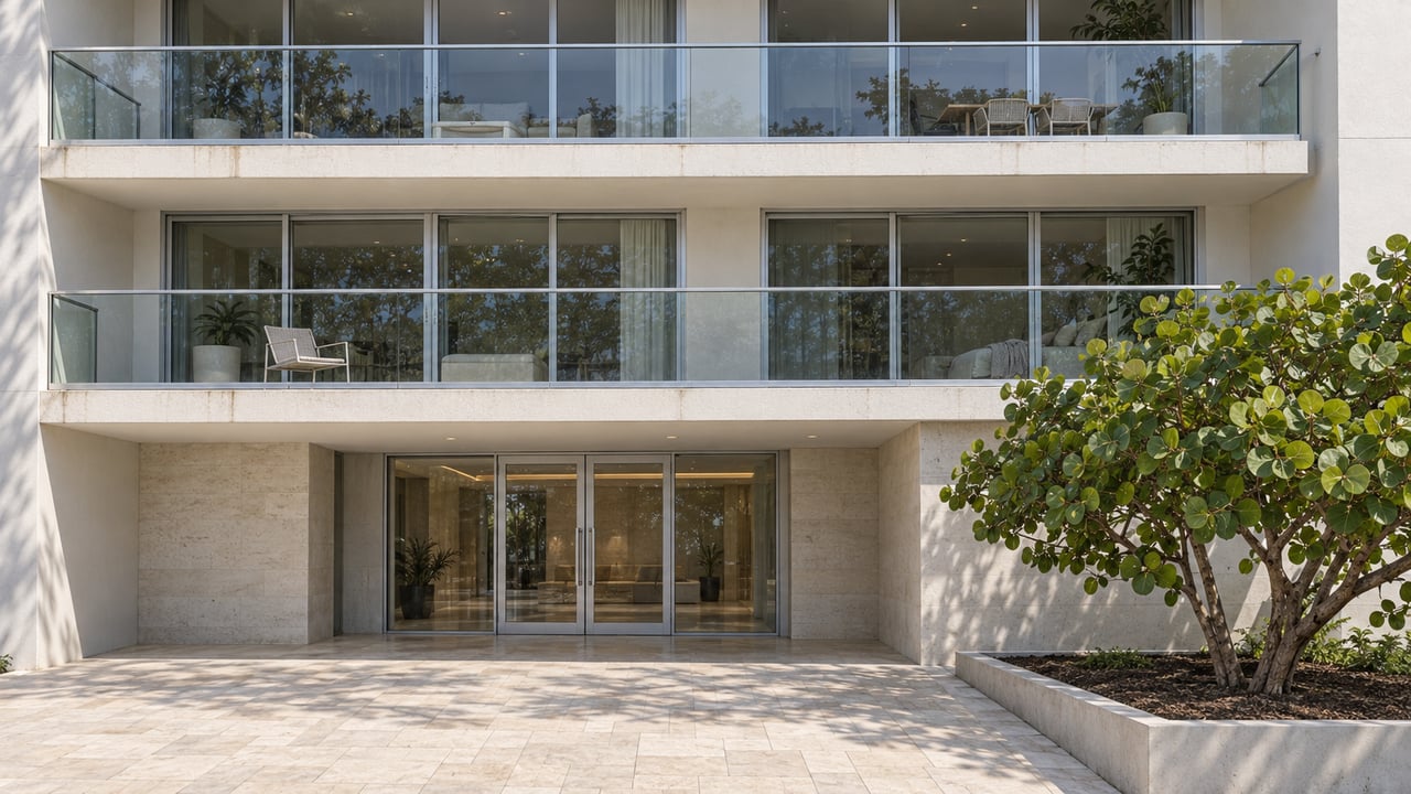 White contemporary residence with two glass-fronted balconies, a glazed entrance and pale limestone forecourt beside a sculptural sea grape tree.
