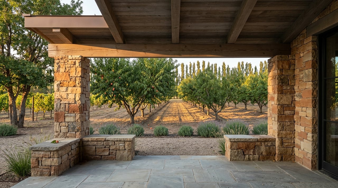 Stone veranda between sandstone piers overlooks peach orchard rows, with one fallen peach on gravel.