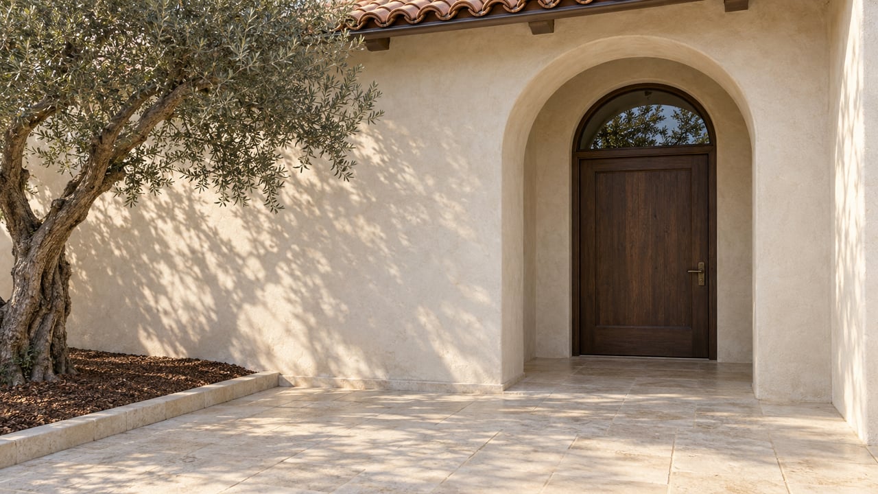 Sunlit stucco and clay-tile entry with a recessed oak door, limestone terrace and a mature olive tree.