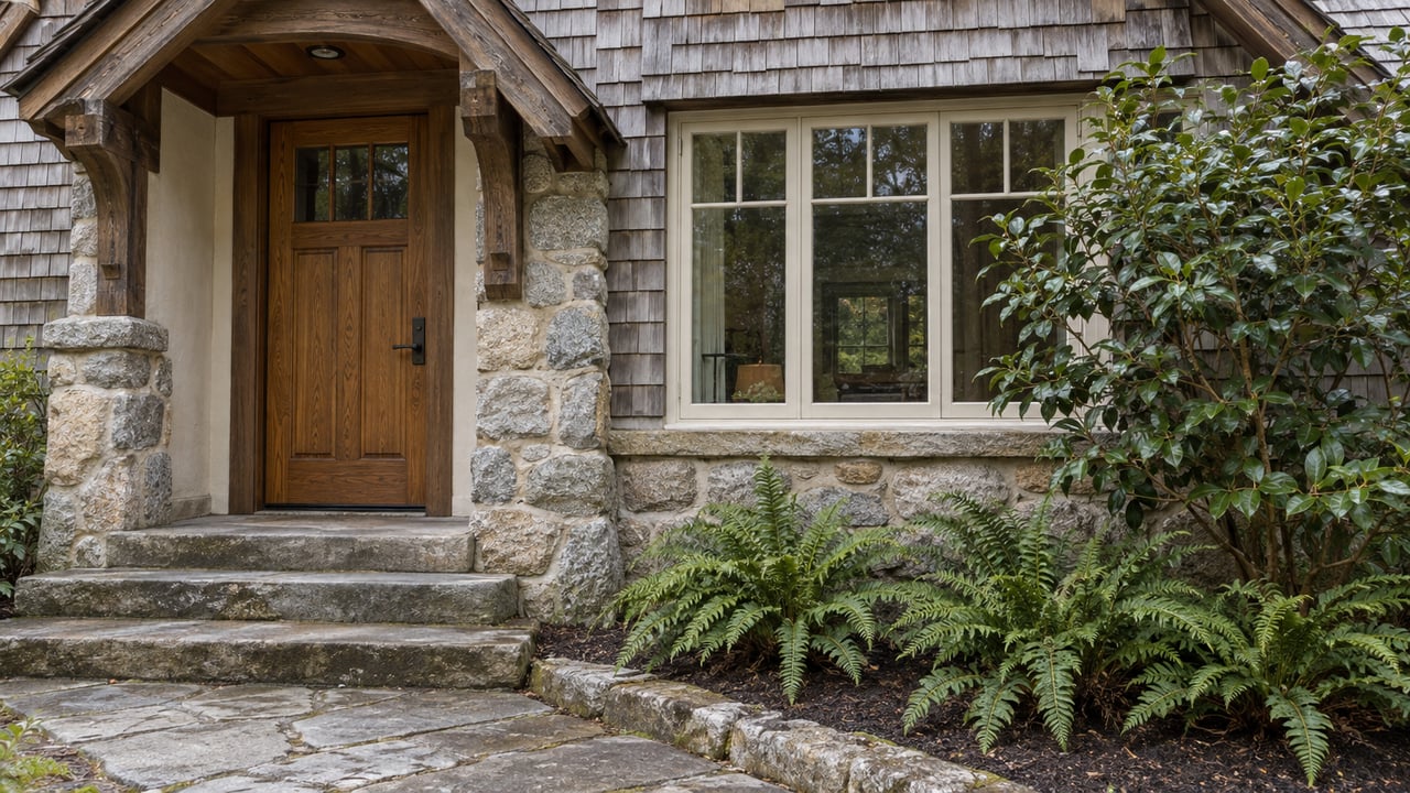 Weathered cedar cottage entry with an oak door, divided-light window, granite stonework and sandstone steps beside camellia and sword ferns.