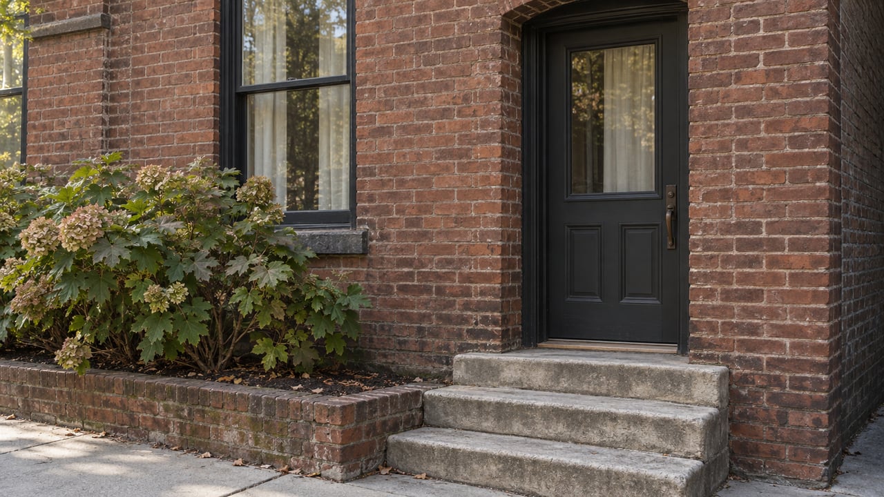 Brick townhouse entry with a charcoal door, tall sash window, limestone steps, and an oakleaf hydrangea.