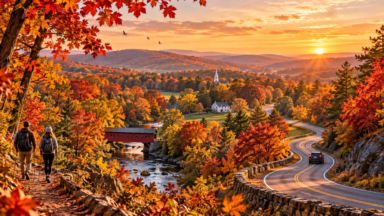 Autumn valley with a winding road, covered bridge, river, and hikers at sunset.