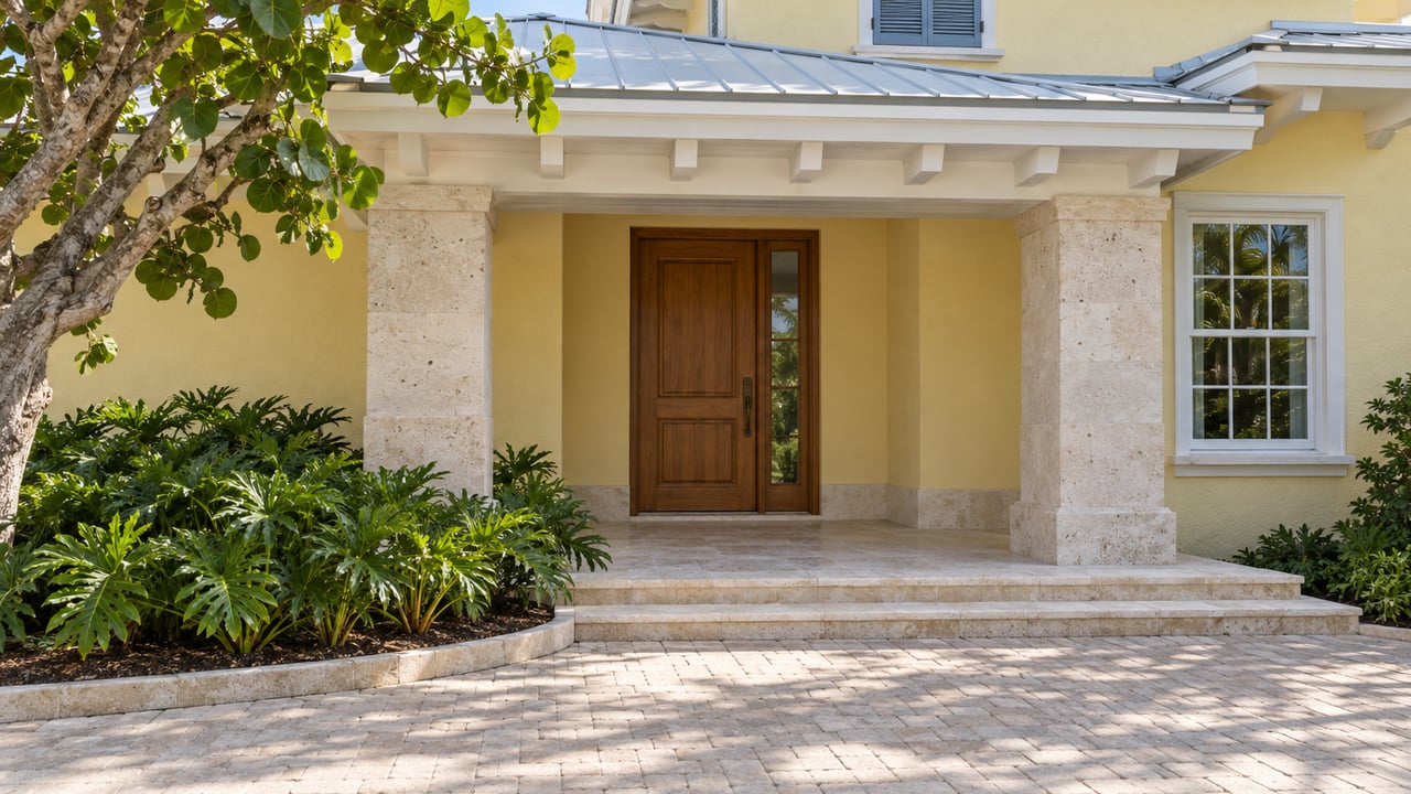 Pale-yellow stucco home with a shaded limestone-columned entry, white roof trim and tropical planting beside a light paved court.