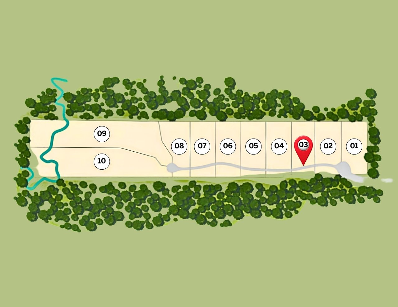 Site plan map with ten numbered lots; lot 03 is marked with a red pin.