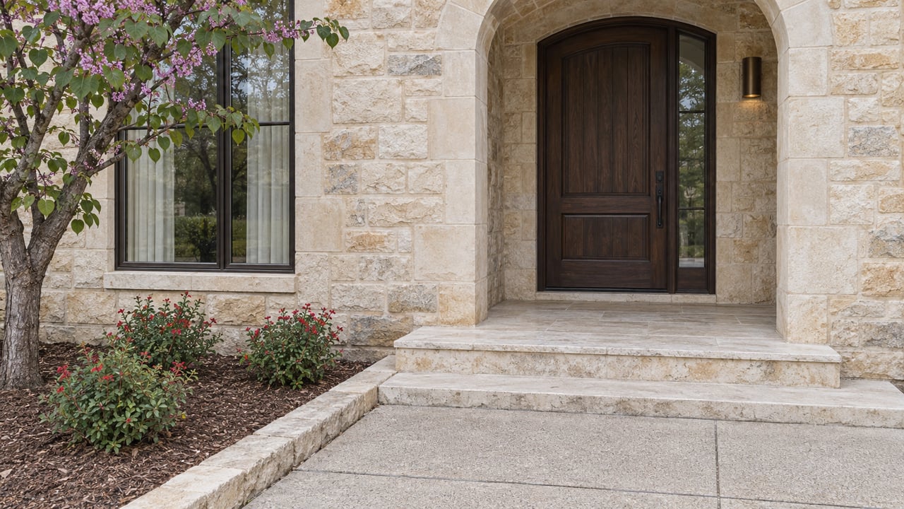 Buff limestone home entry with a dark oak door, pale stone steps, and a redbud beside the concrete approach.