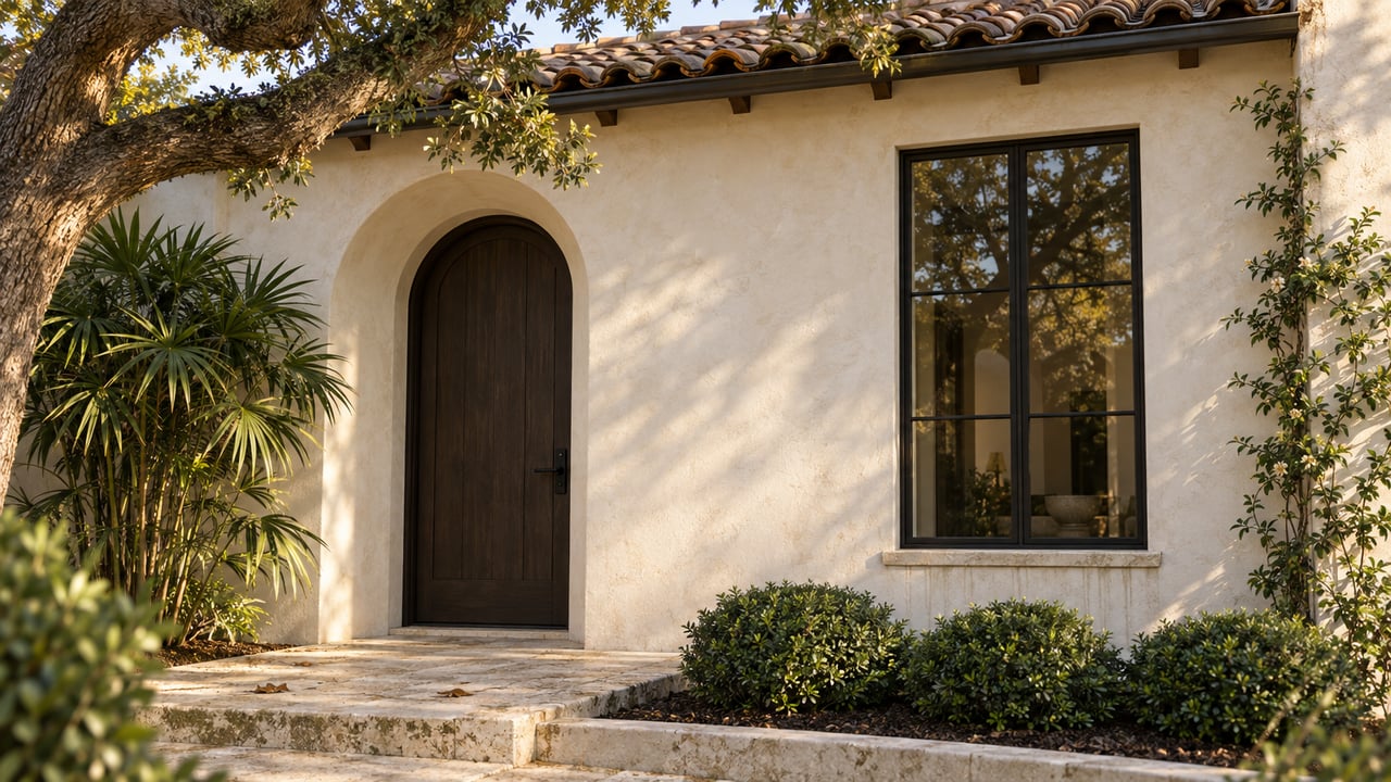 Ivory stucco courtyard home with an arched oak door, black-framed window, and shell-limestone landing.