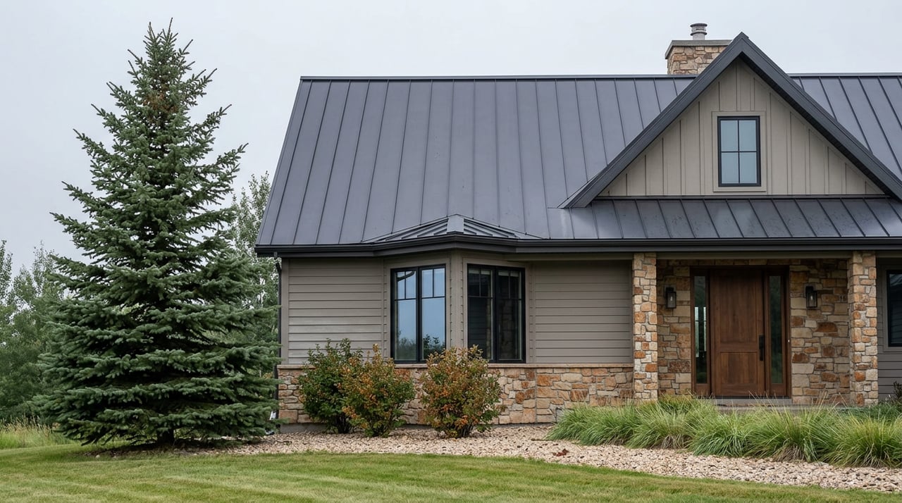 Mountain modern home with a stone chimney, grey siding, walnut door, and a Douglas fir beside the lawn.