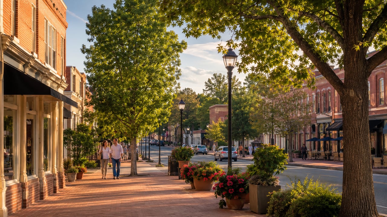 Tree-lined downtown street with brick storefronts, flower planters, and pedestrians in warm evening light.
