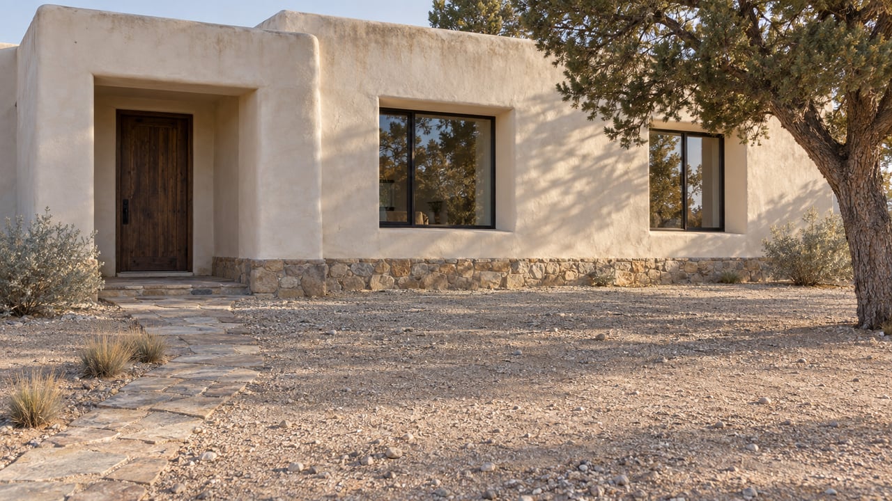 Adobe home with a recessed wood entry, two dark-framed windows, and a gravel yard beneath a broad-canopied pine.