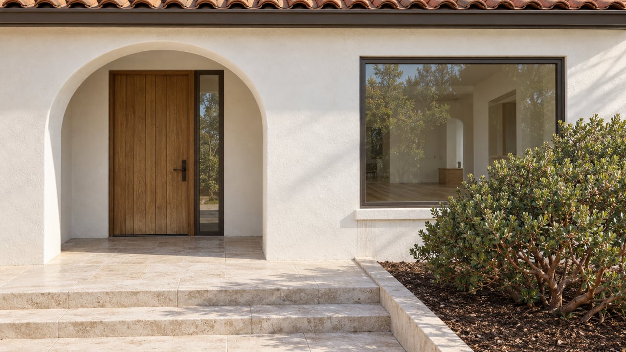 White stucco home entrance with a terracotta roof, recessed oak door, bronze-framed window and limestone steps beside a flowering manzanita shrub.