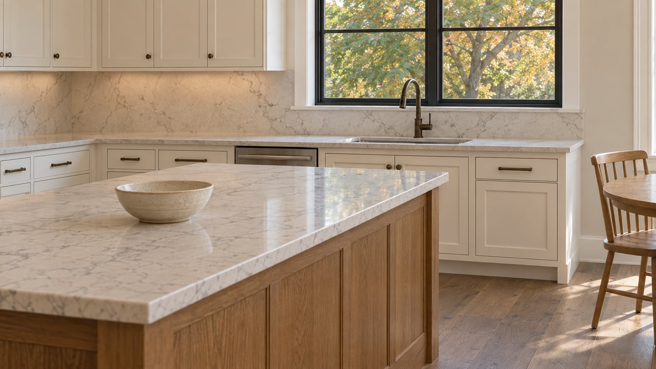 Daylit kitchen with warm-white cabinetry, bronze hardware, an oak island, marble-look quartz counters, and autumn maple foliage beyond a closed window.