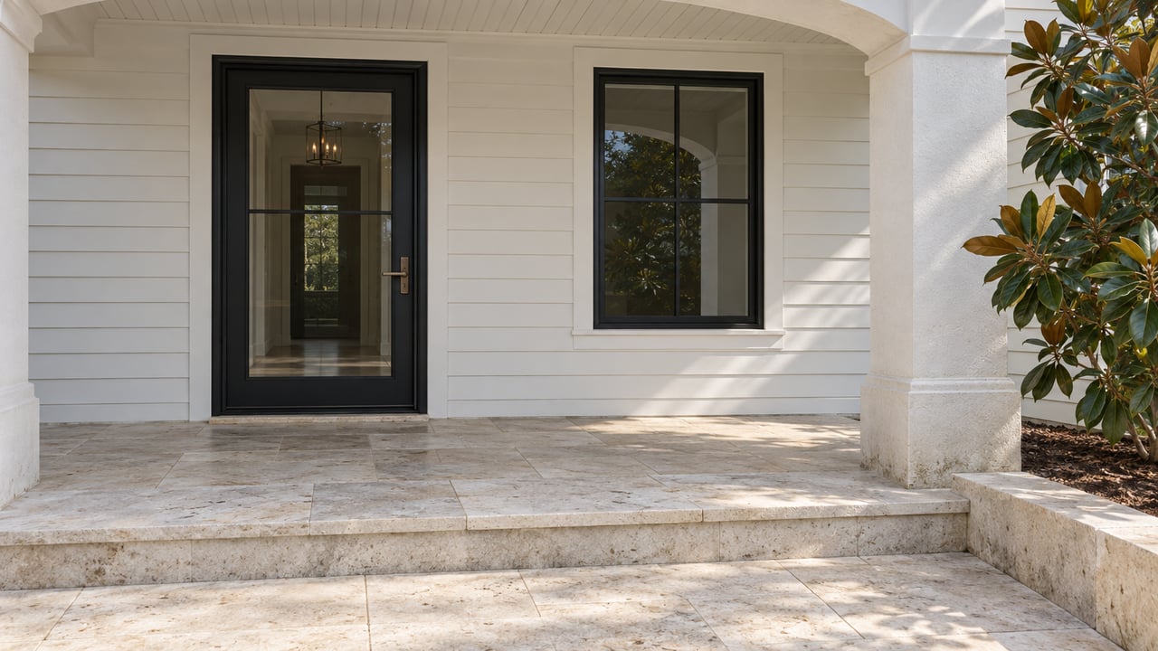 Covered home entry with a shallow white arch, black-framed glass door and window, pale limestone steps and glossy magnolia leaves.