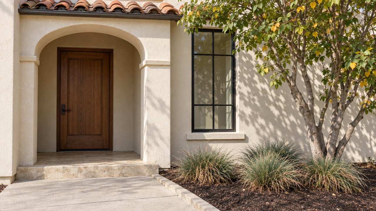 Ivory stucco townhome entry with a clay-tile porch roof, oak door, black-framed window, and a small branching tree beside the concrete approach.