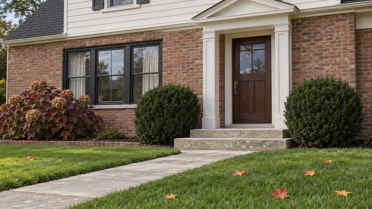 Updated brick and ivory clapboard home with limestone entry steps, a dark oak door, and autumn leaves beside the front walk.