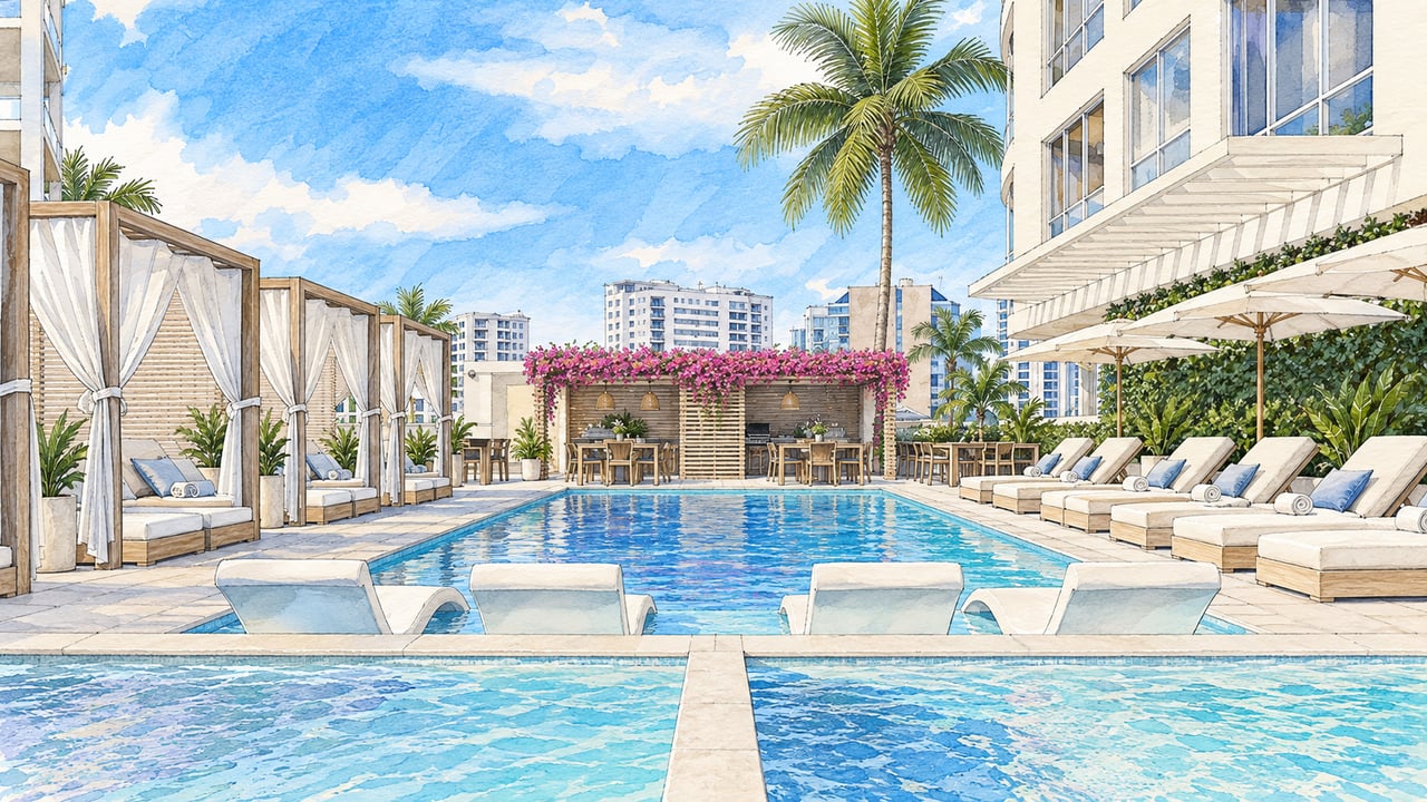 Condominium pool deck with curtained cabanas, loungers, a dining pergola, and palm trees.