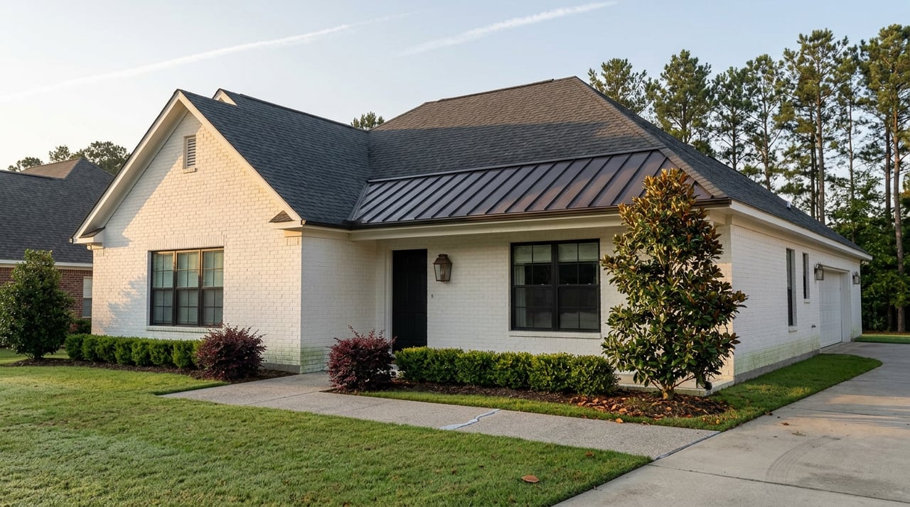 White-brick modern farmhouse with a dark metal porch awning, glossy magnolia, and long shadows across the lawn.