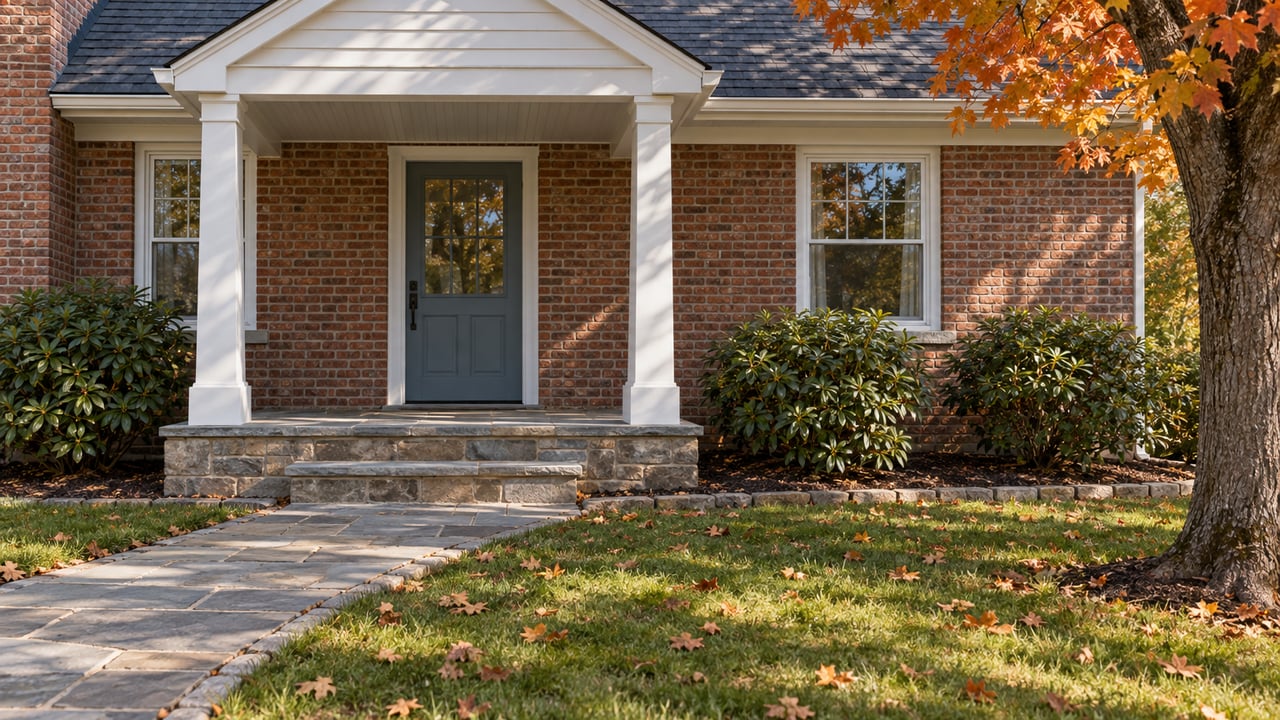 Autumn sunlight on a brick home's covered porch, stone steps, and lawn beneath a copper-orange sugar maple.