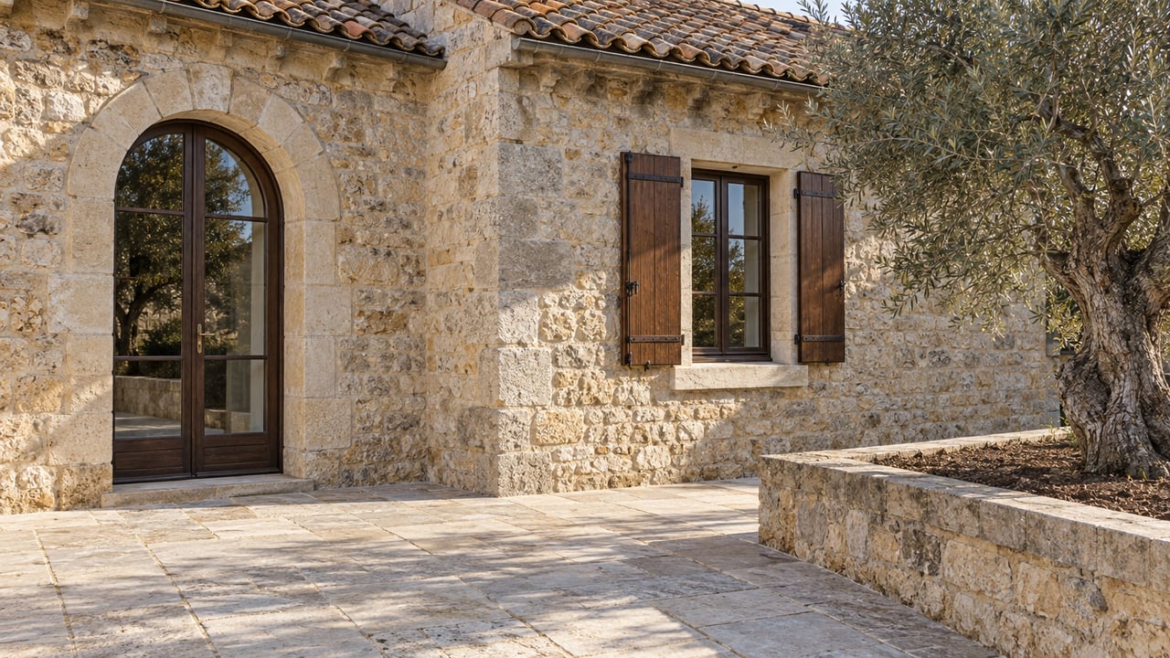 Morning light grazes a limestone home's arched walnut door, shuttered window and terrace beside a mature olive tree.