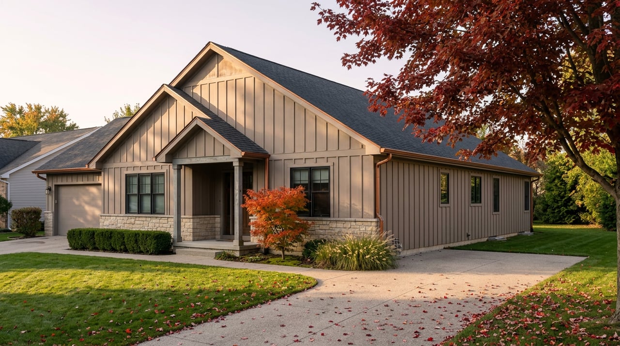 Taupe gabled home with stone lower facade, curved driveway, and red autumn maples across a leaf-strewn lawn.