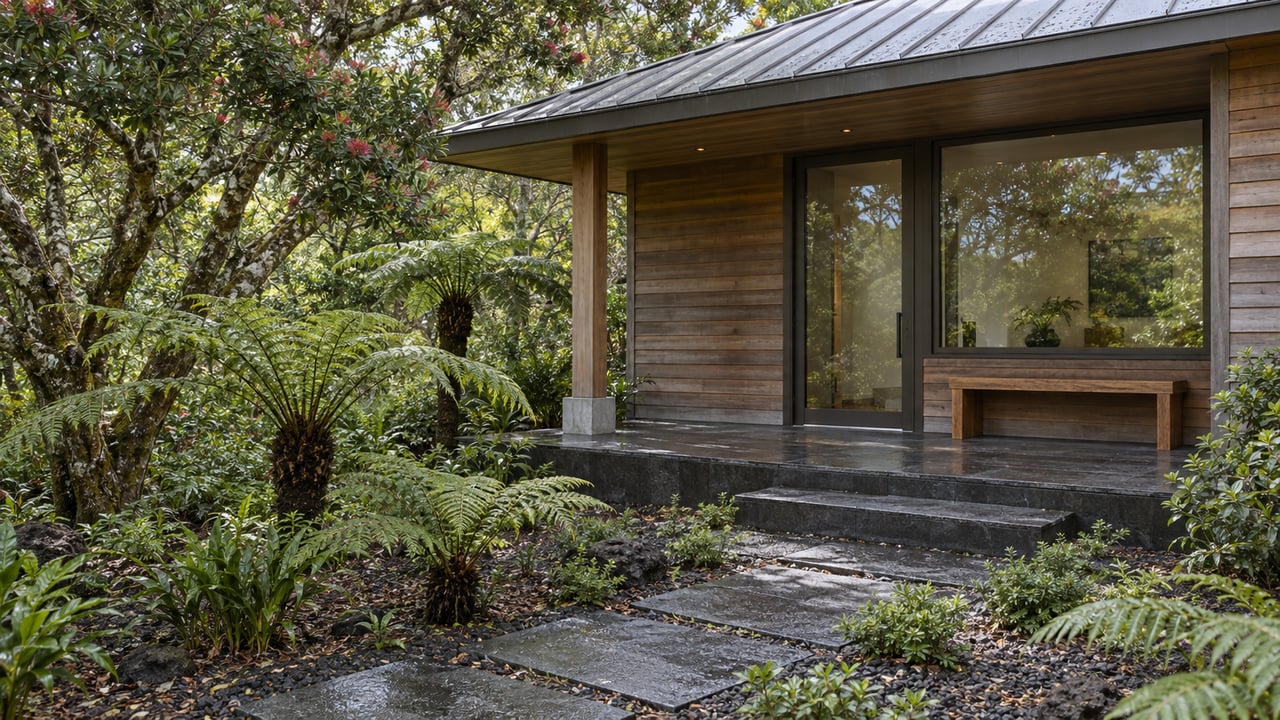 Timber-clad home with a covered basalt entry terrace surrounded by tree ferns and branching forest trees.