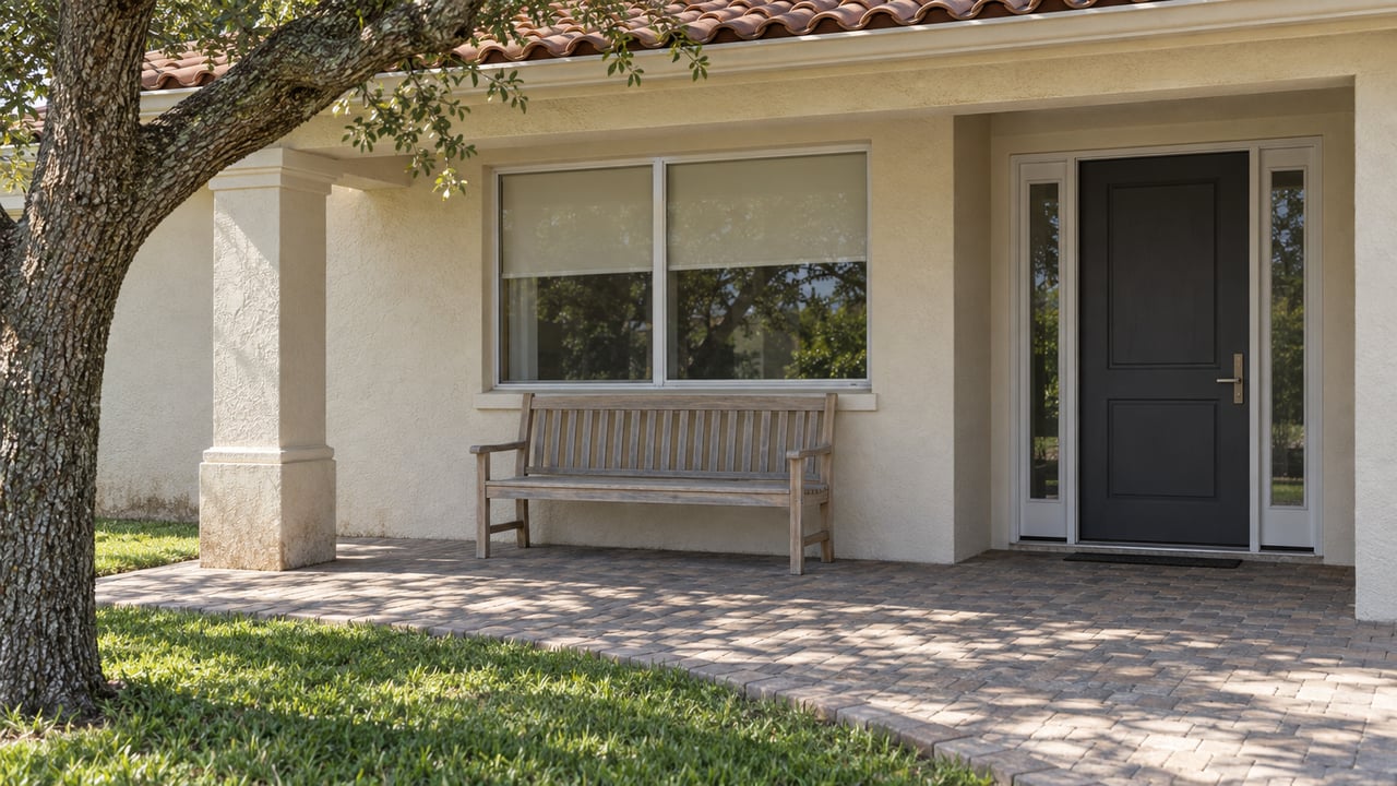 Cream stucco home's shaded front porch with a charcoal door, paired sidelights, oak bench and gray paver landing beside a lawn.
