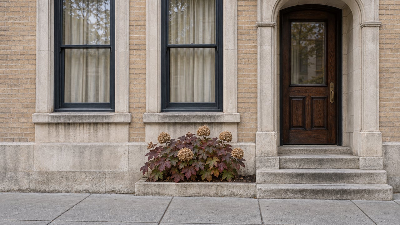 Buff brick residential facade with pale limestone window surrounds, a recessed oak entrance and autumn oakleaf hydrangea beside worn stone steps.