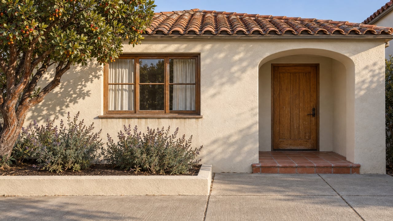 Sunlit ivory stucco home with a clay tile roof, recessed wood entry door and raised planting bed.