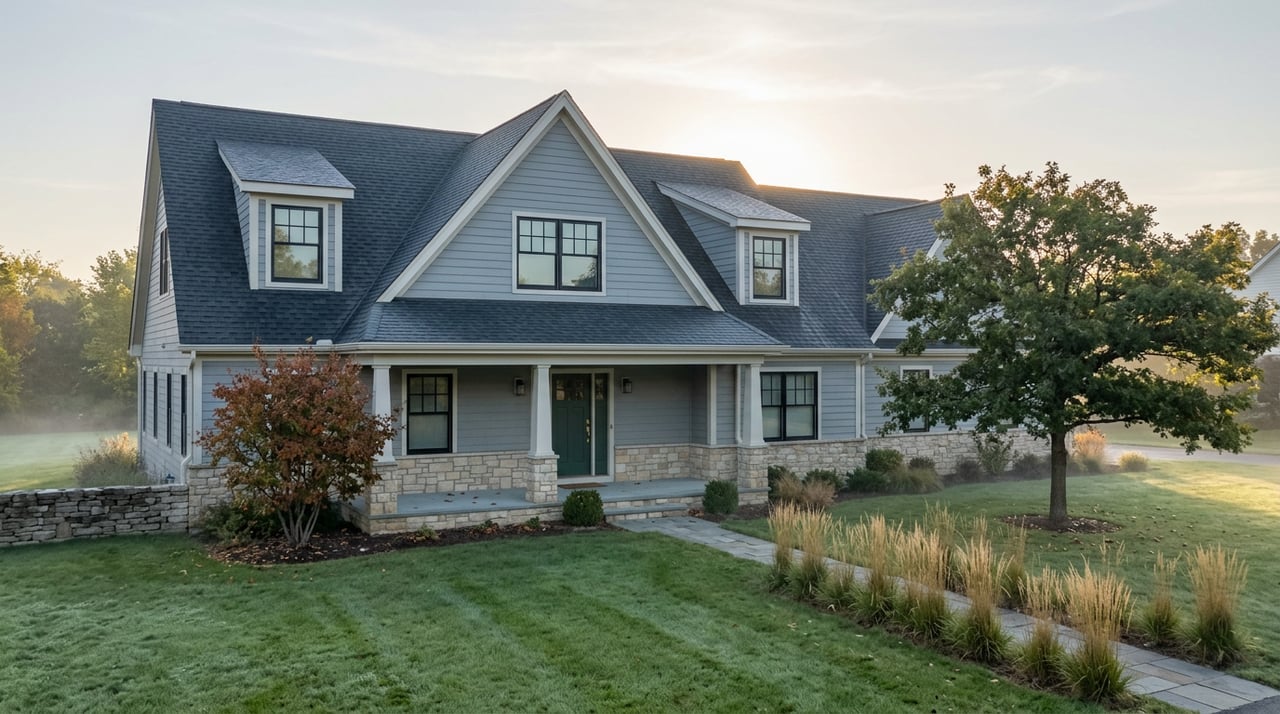 Gray two-story house with a green door, stone facade, long lawn, and oak tree in morning mist.