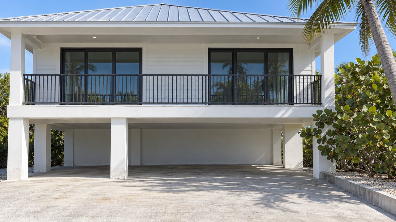 Sunlit elevated white home with a silver metal roof, glazed veranda doors, concrete supports and carefully placed tropical planting.