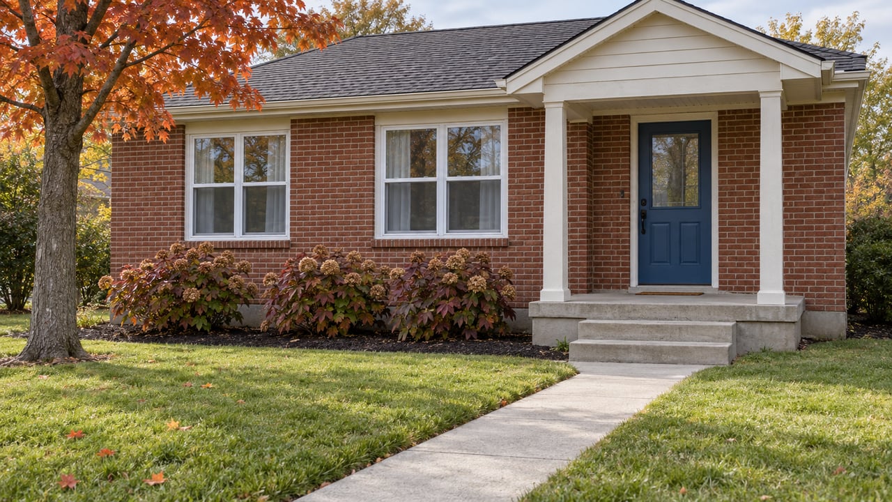 Updated red-brick bungalow with a blue front door, covered concrete porch and autumn planting across a deep front lawn.