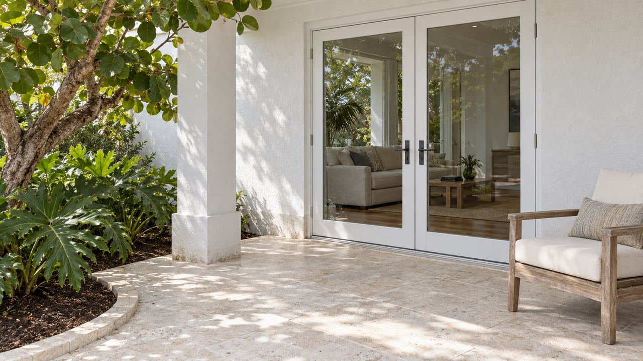 White stucco veranda with paired glass doors, pale limestone paving, a weathered teak chair and broad-leaf planting.