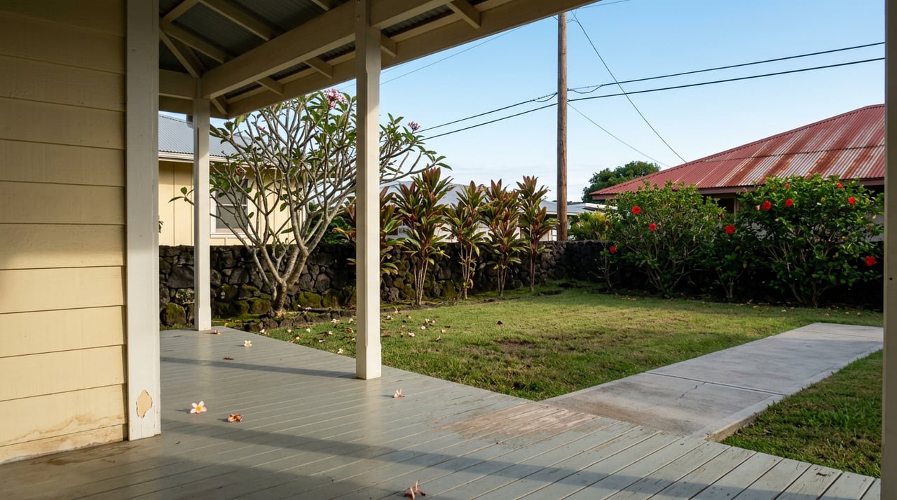 Cottage lanai overlooks a compact lawn, lava-rock wall, flowering plumeria and hibiscus beneath utility lines.