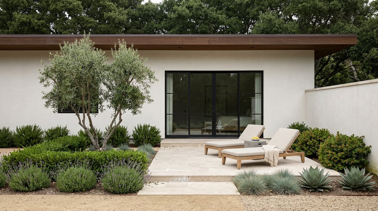 Travertine terrace with olive tree, lounge chairs, and stucco-and-glass house beneath dense oak canopy.