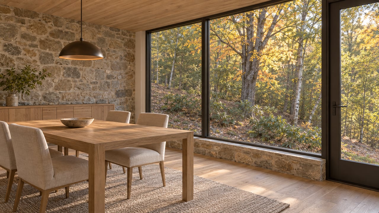 Oak dining table and linen chairs beside glazed doors overlooking a wooded slope.
