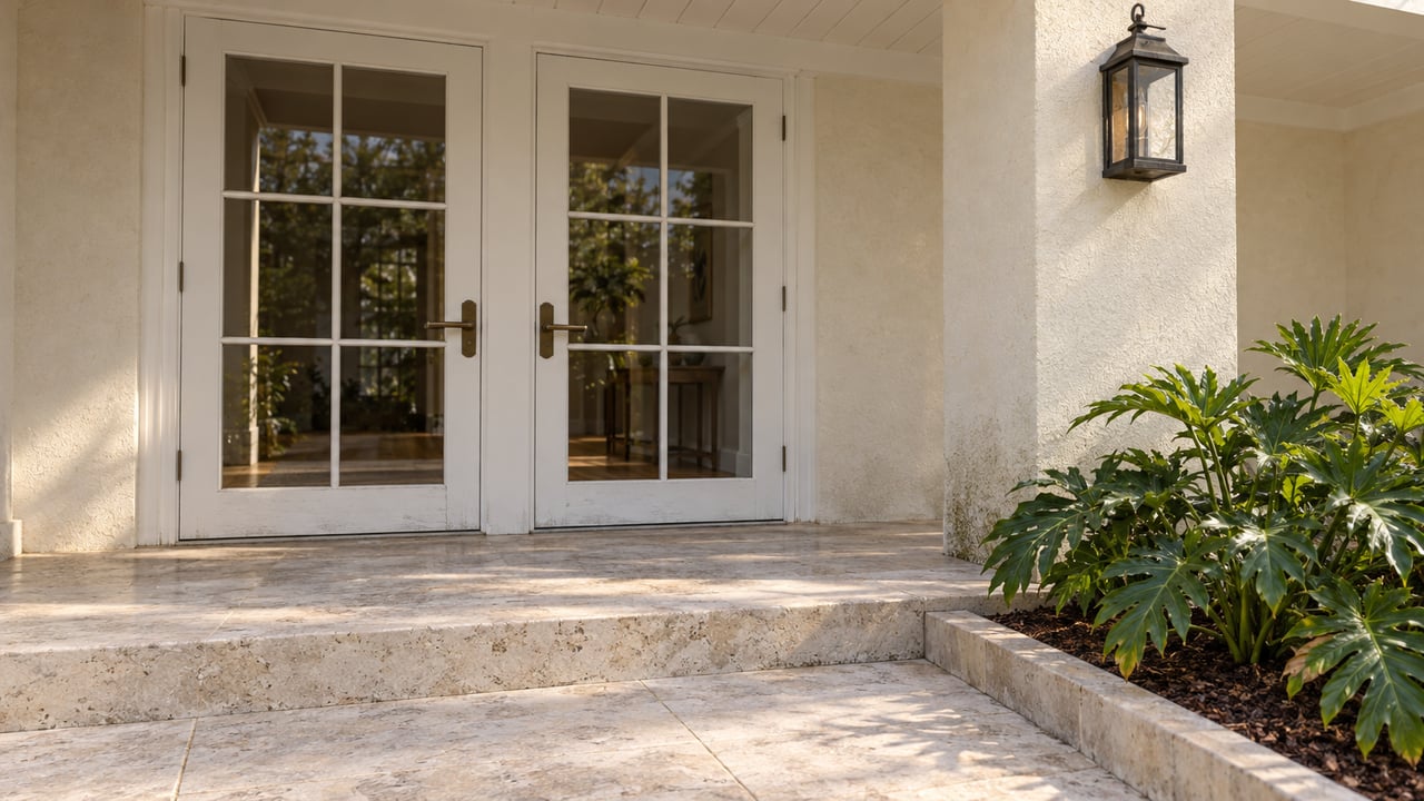 Paired white French doors beneath a covered cream-stucco veranda, with worn limestone steps and lobed tropical planting in a stone-edged bed.