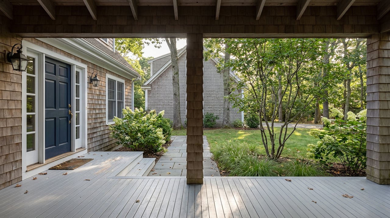 Covered porch frames a wooded lawn and bluestone path leading toward a neighboring shingled gable.