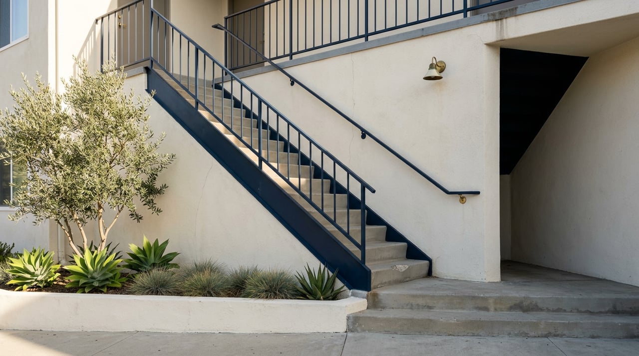 Concrete stairs with navy railings climb past a stucco wall, beside an olive tree and agave plants.