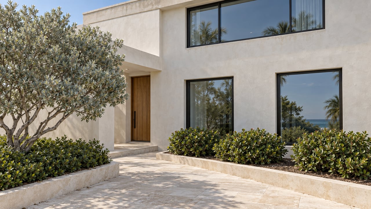 Coastal home with an oak entry, black-framed windows, limestone walkway, and sculpted buttonwood planting.