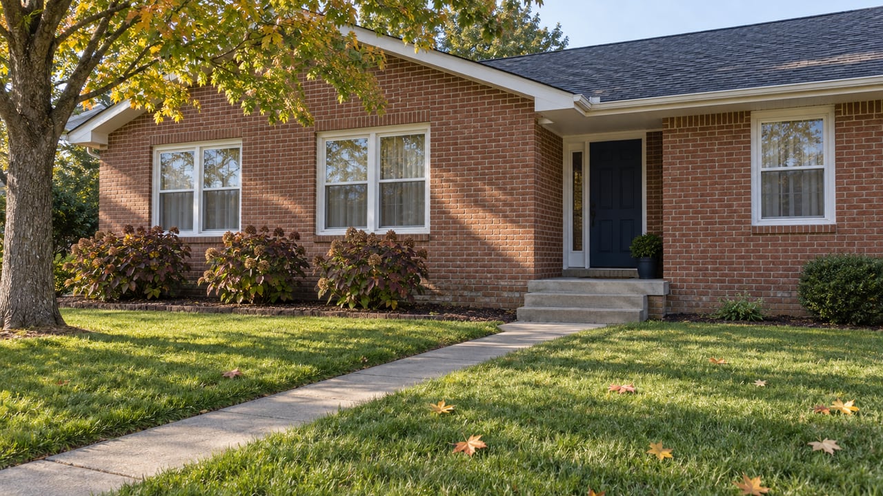 Brick ranch house with a dark front door, concrete walkway, and autumn leaves shading the lawn.