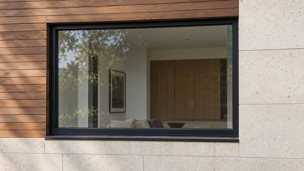 Black-framed window set between warm wood cladding and pale limestone on a contemporary home.