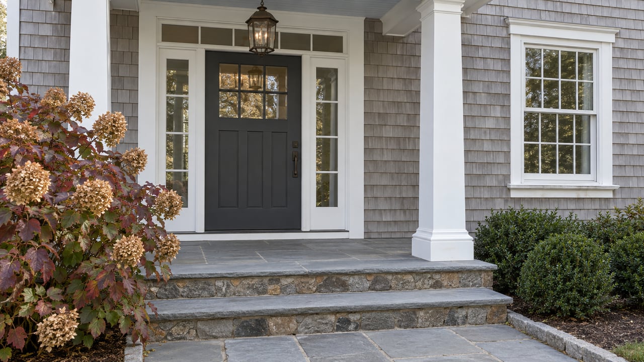 Gray-shingled home entry with white trim, divided-light door, bluestone steps and autumn oakleaf hydrangea.