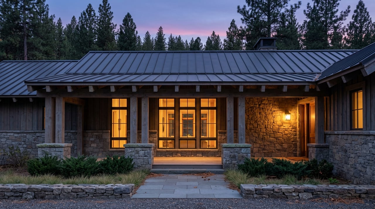 Stone-and-timber lodge porch with glowing windows and lantern, opening onto a gravel drive beneath dusk-lit pines.